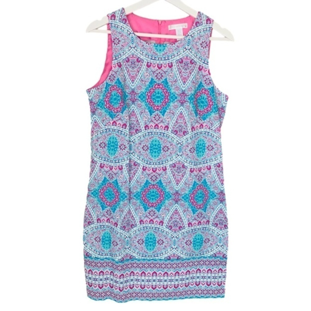 LONDON TIMES Shift Dress Sleeveless Geometric Floral Blues Pinks Women Size 8